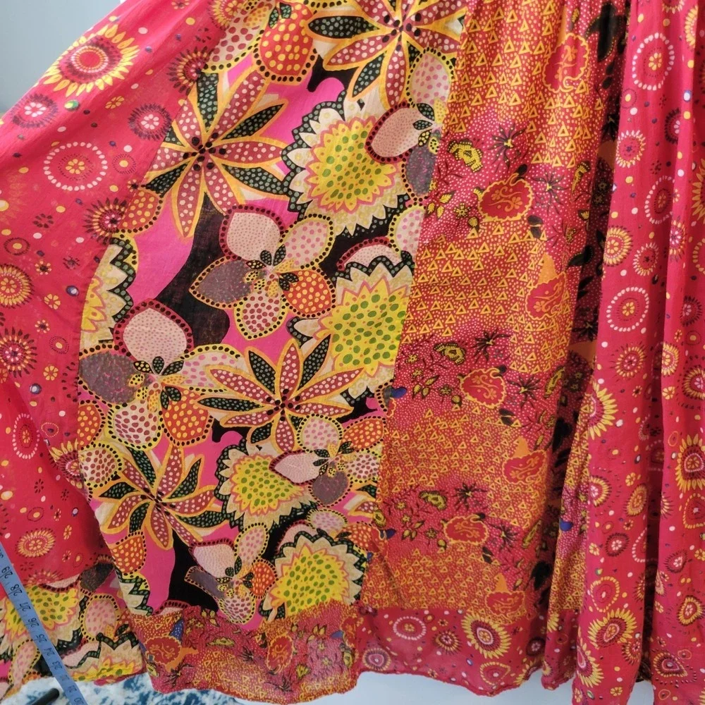 Jane Ashley Red Patchwork Floral Cotton Smocked Midi Dress XL Boho V-Neck - Picture 9 of 12
